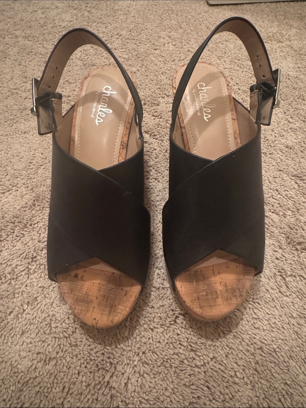 Charles by Charles David Black Cork Slingback Wedges